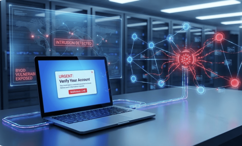 BYOD qué es: portátil personal comprometido con alerta de phishing en red corporativa protegida.
