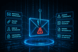 Ilustración digital destacando los riesgos de la ingeniería social en ciberseguridad, con un sobre de correo electrónico y un anzuelo de phishing, simbolizando amenazas cibernéticas.