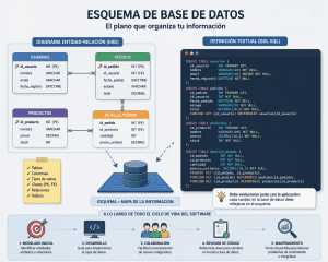 Diagrama de esquema de base de datos con definición textual en SQL, que incluye tablas, columnas, relaciones y claves primarias y foráneas.