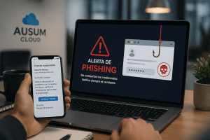 Escena de oficina con alerta de phishing en el monitor, destacando la importancia de la ciberseguridad en servicios de nube.