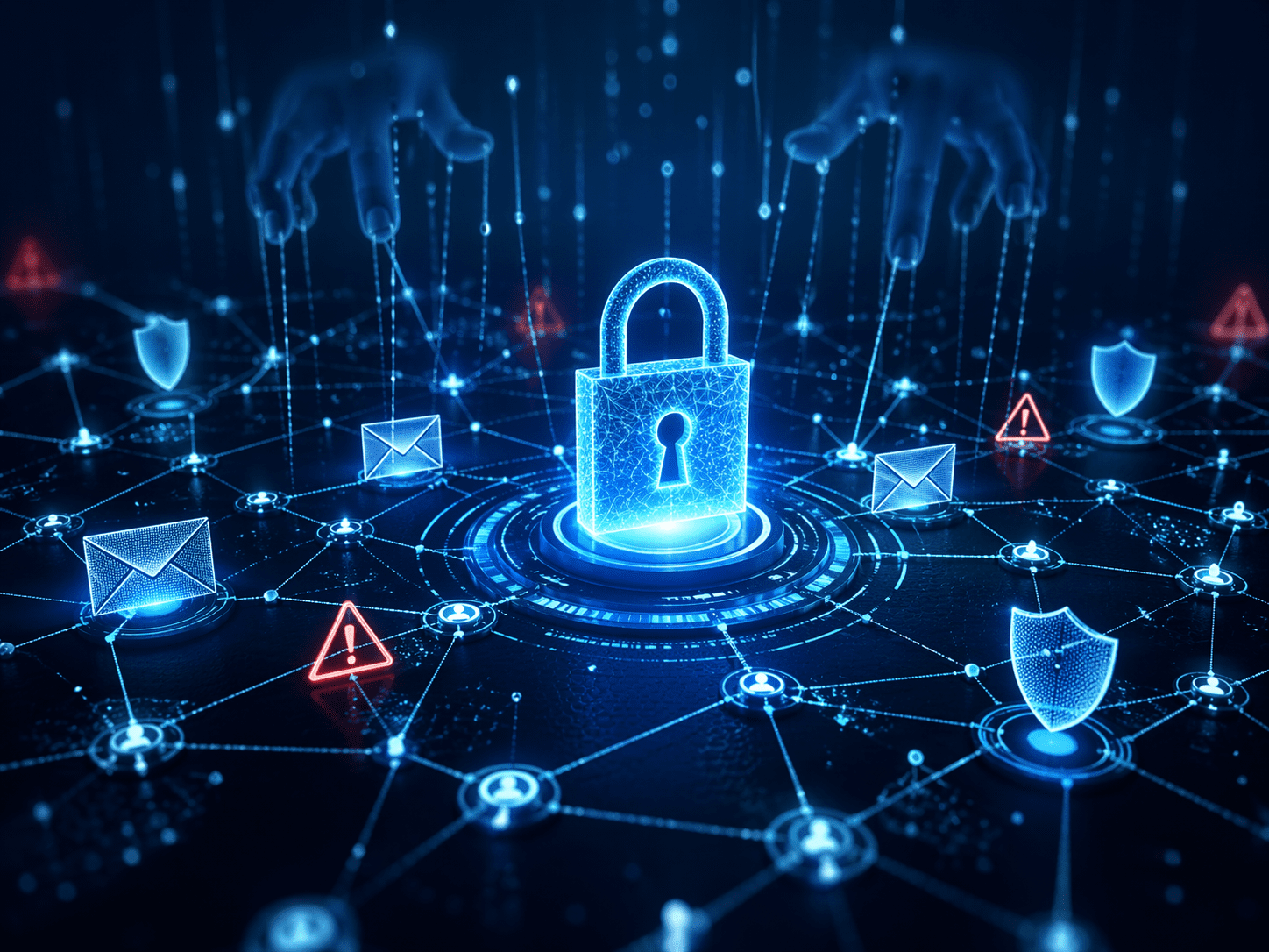 Ilustración digital sobre ingeniería social en ciberseguridad con un candado central, alertas de riesgo y red de conexiones digitales.